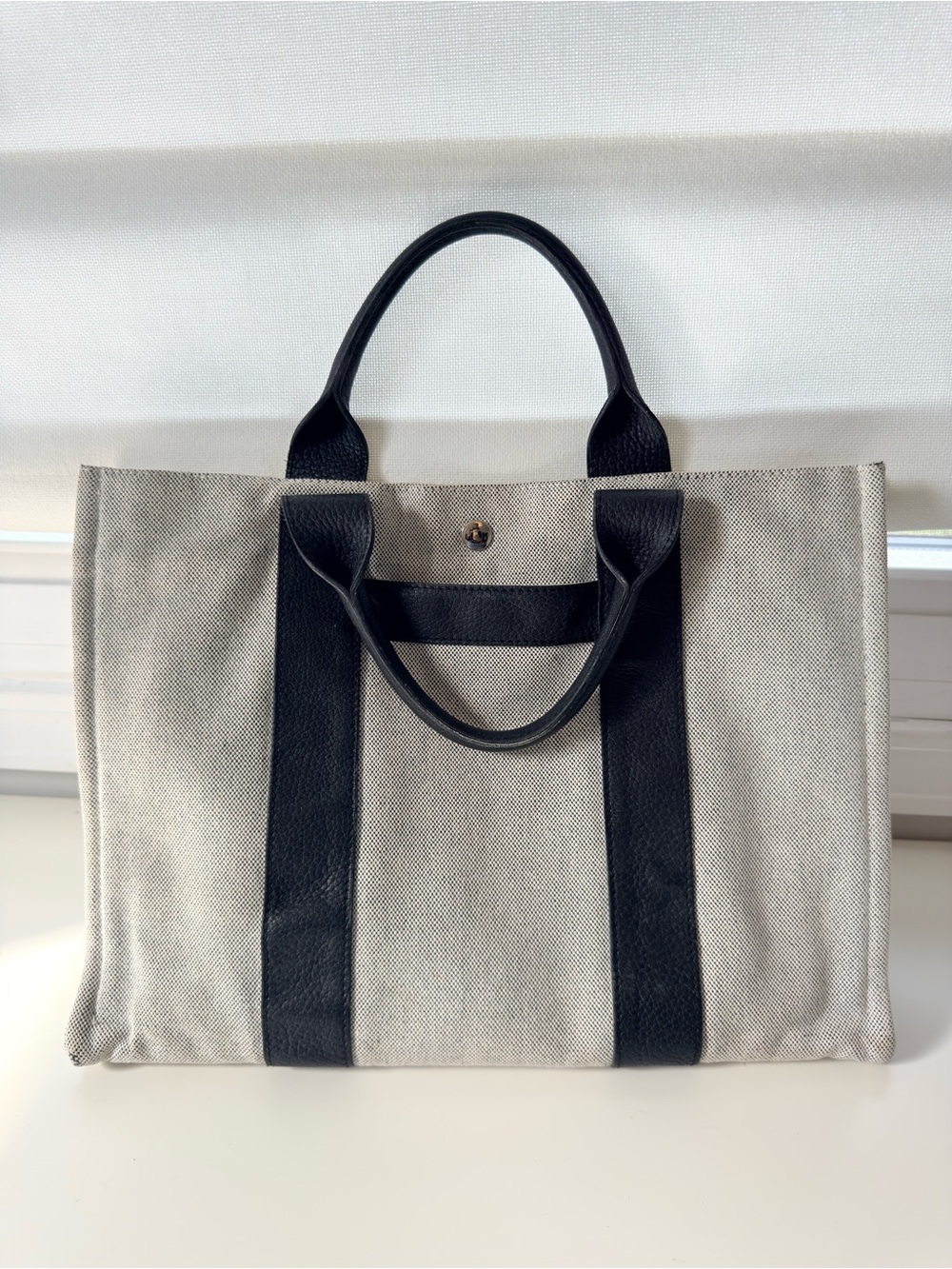Hermes Canvas Tote with Black Leather Trim
